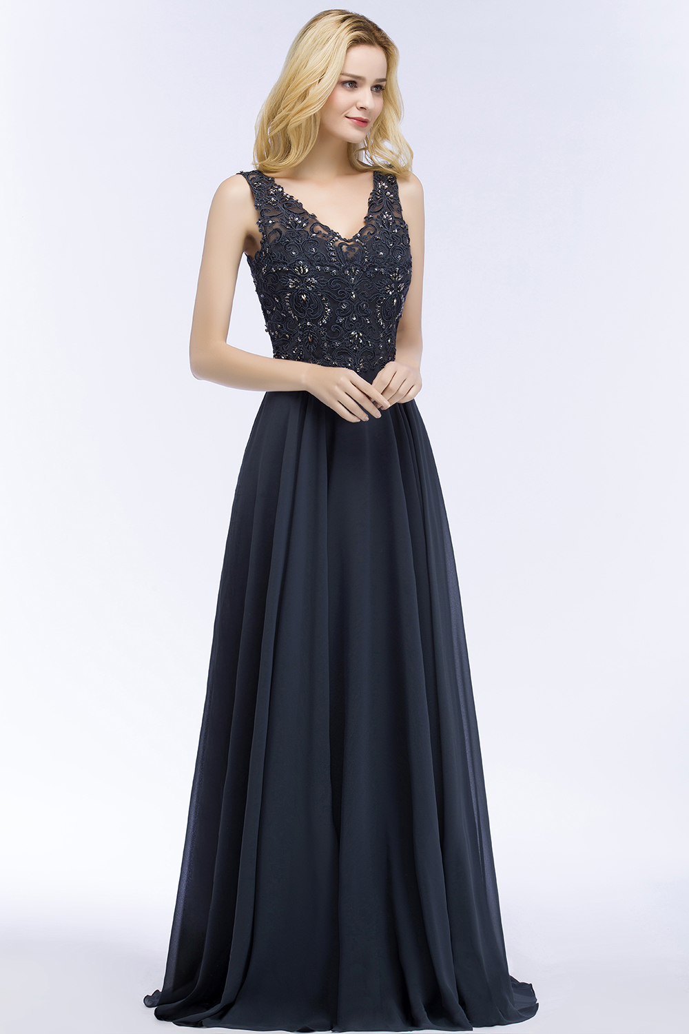 Dark Navy Long A-line V-neck Sleeveless Floor-Length Chiffon Bridesmaid Dresses - YESBABYONLINE