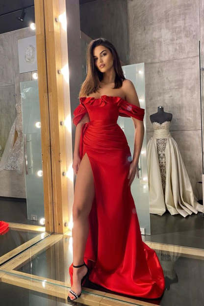 Off-The-Shoulder Classic Red Ruffles Prom Dress With Slit