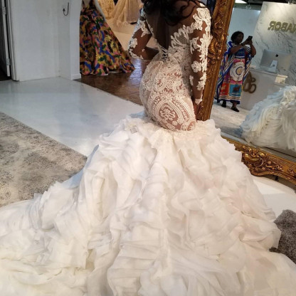 Long Off the Shoulder Lace Mermaid Wedding Dresses with Sleeves - YESBABYONLINE