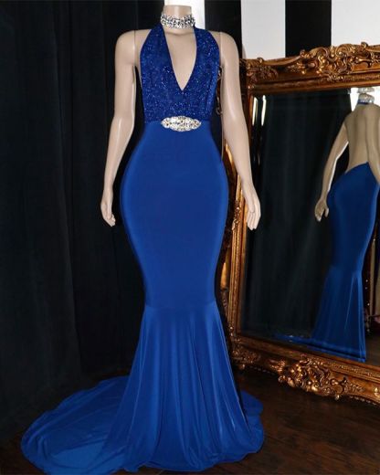 Sexy Long Mermaid Halter Sleeveless Backless Prom Dresses - YESBABYONLINE