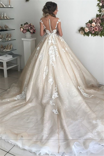 Long Ball Gown Off-the-Shoulder Tulle Lace Backless Wedding Dresses - YESBABYONLINE