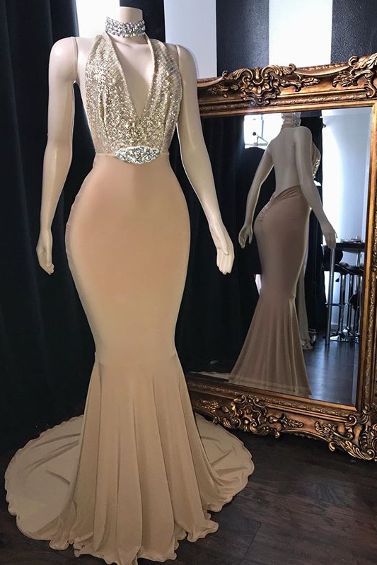 Champagne Long Mermaid Halter Sleeveless Backless Formal Prom Dresses - YESBABYONLINE