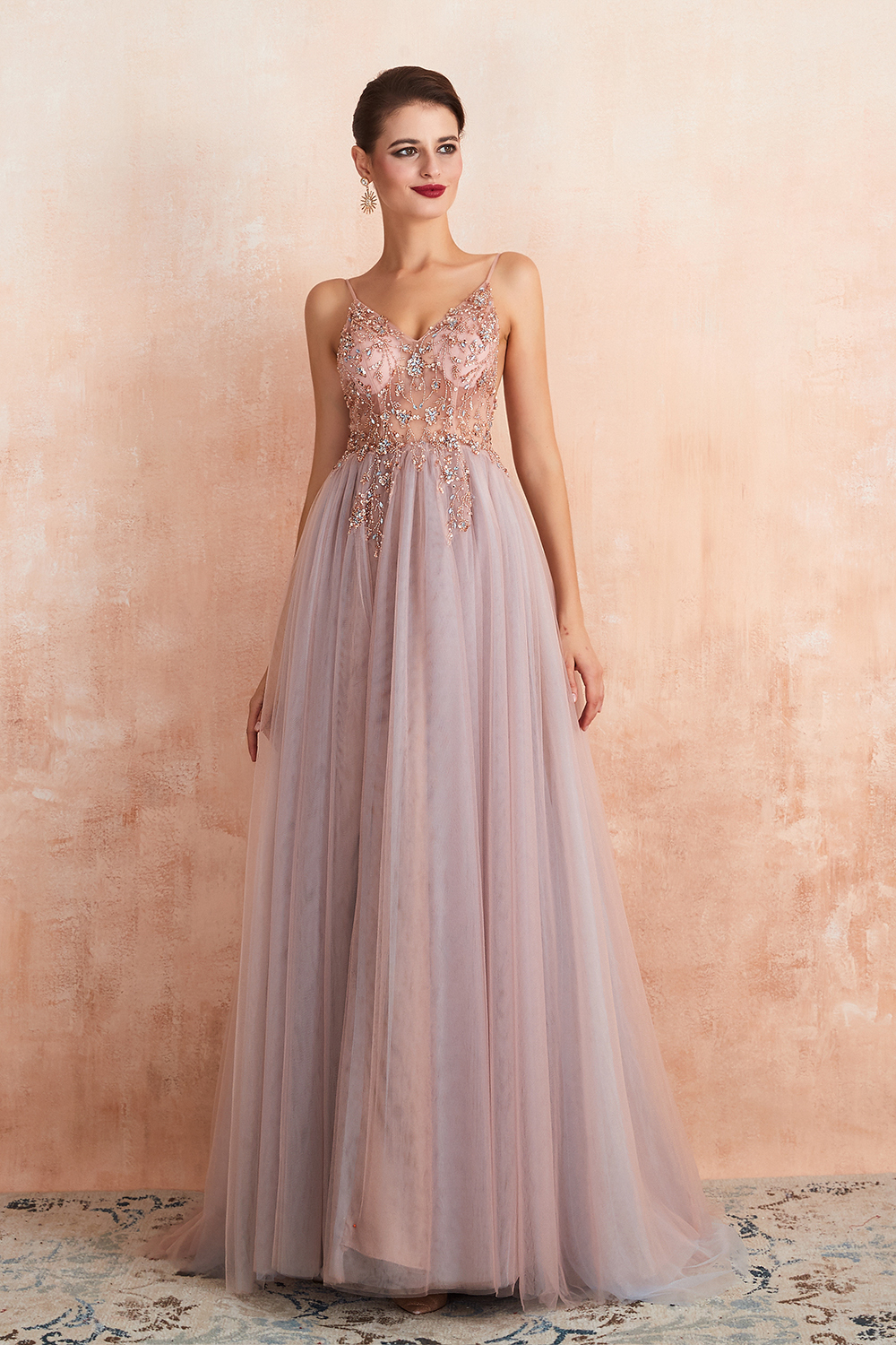 Long A-line Spaghetti Straps V-neck Tulle Backless Prom Dresses with Side Slit - YESBABYONLINE