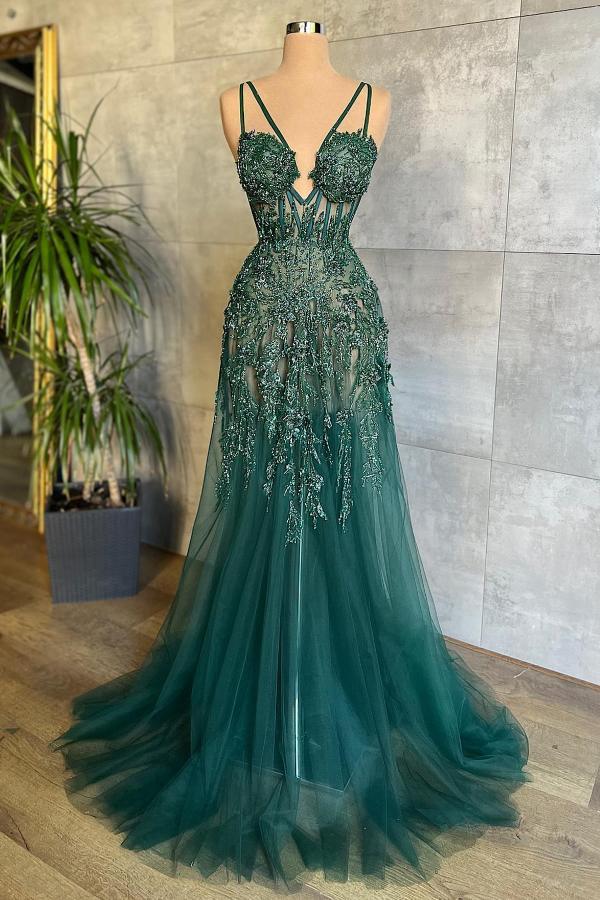 Charming Long A-Line Sleeveless Spaghetti Strap Floor-Length Tulle Prom Dresses - YESBABYONLINE
