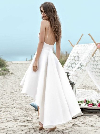 High Low A-line V-neck Sleeveless Asymmetrical Satin Satin Wedding Dresses with Pockets - YESBABYONLINE