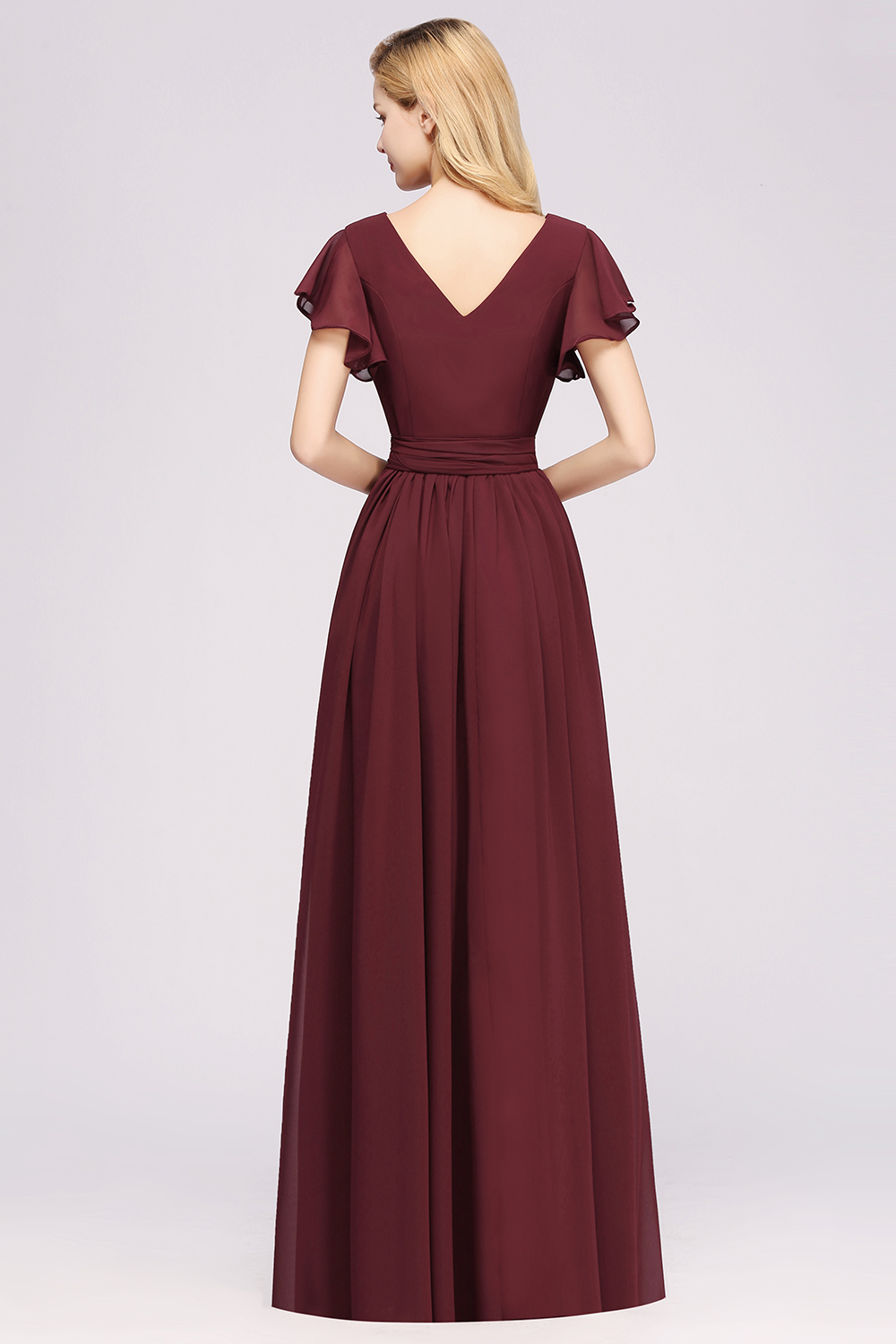 Elegant A-line V-Neck Short Sleeves Floor-Length Bridesmaid Dresses with Bow Sash - YESBABYONLINE