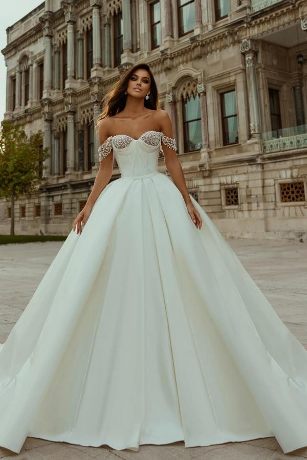Long A Line Strapless Off the Shoulder Floor Length Satin Wedding Dress - YESBABYONLINE