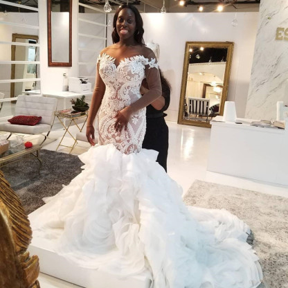 Long Off the Shoulder Lace Mermaid Wedding Dresses with Sleeves - YESBABYONLINE