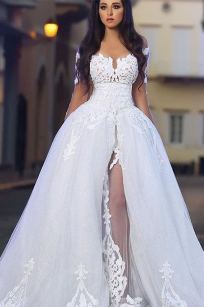 Glamorous White Long A-line Tulle Appliques Lace Wedding Dresses with Sleeves - YESBABYONLINE
