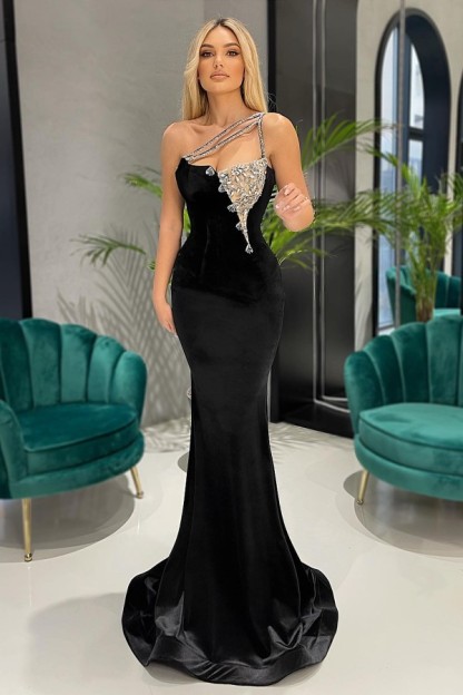 Classy Black Long One Shoulder Beading Floor-length Velvet Mermaid Prom Dresses - YESBABYONLINE