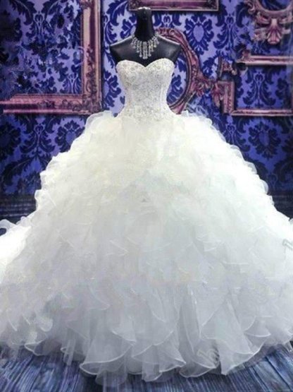 Long Ball Gown Sweetheart Organza Beaded Sleeveless Wedding Dresses - YESBABYONLINE