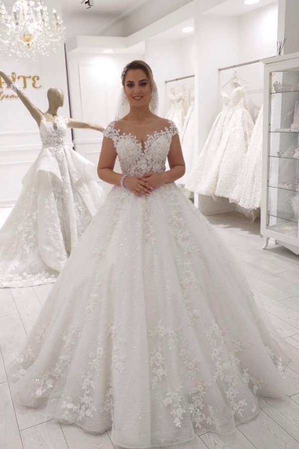 Gorgeous Long A-line Off-the-shoulder Lace Tulle Wedding Dress - YESBABYONLINE
