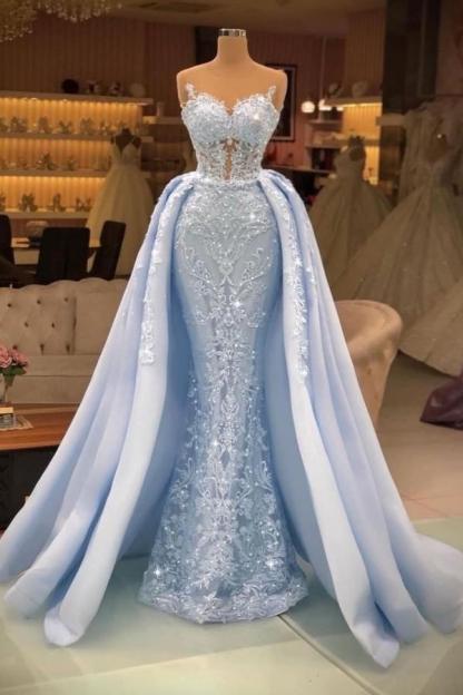 Sky Blue Long Sweetheart Sequins Lace Mermaid Evening Prom Dress - YESBABYONLINE