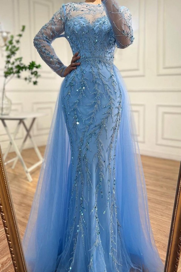 Long Mermaid Sweetheart Tulle Lace Formal Prom Dresses with Sleeves - YESBABYONLINE