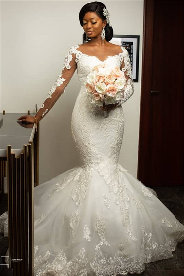 Long Sleeves Mermaid Sweetheart Applique Lace Wedding Dresses - YESBABYONLINE