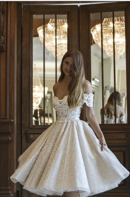 Classy Short Off the Shoulder Lace Sequins A-Line Tea-length Ruffles Wedding Dress - YESBABYONLINE