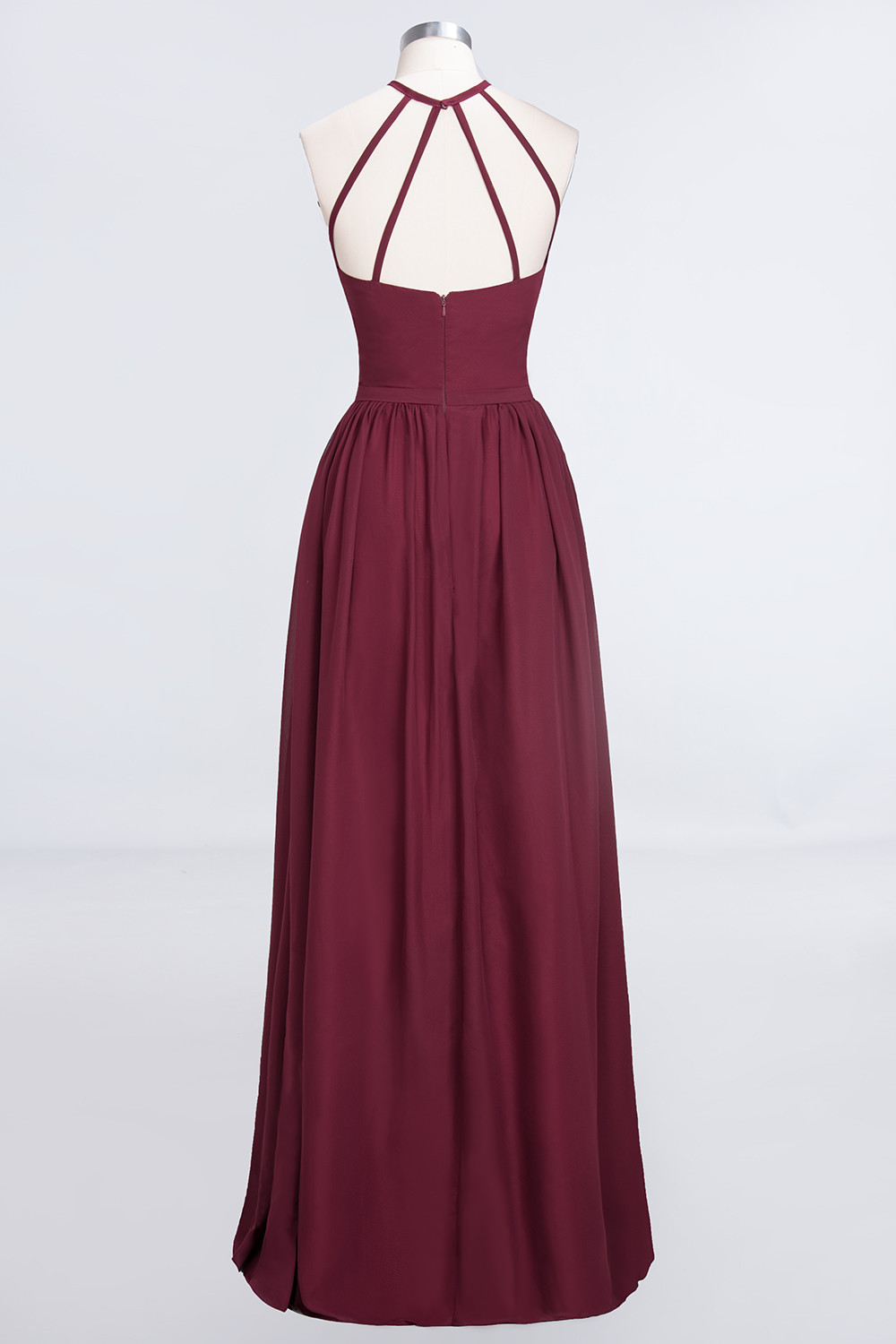 Long A Line Halter Sleeveless Floor Length Chiffon Bridesmaid Dress with Ruffles - YESBABYONLINE