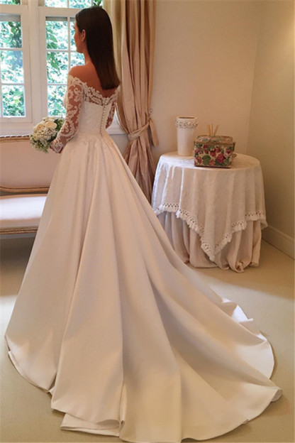Modern Long Off the Shoulder A-Line Satin Lace Wedding Dresses with Sleeves - YESBABYONLINE
