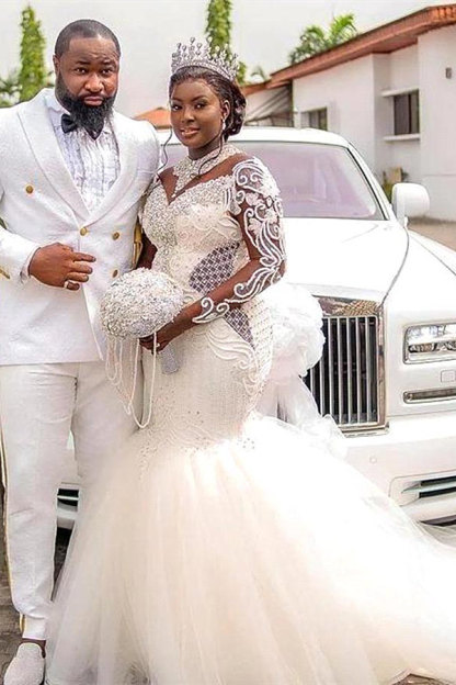 Gorgeous Long Sleeves Mermaid Lace Floor Length Wedding Dress - YESBABYONLINE