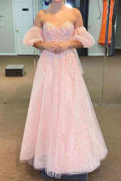 Candy Pink Off-Shoulder A-line Tulle Long Prom Dress with Appliques