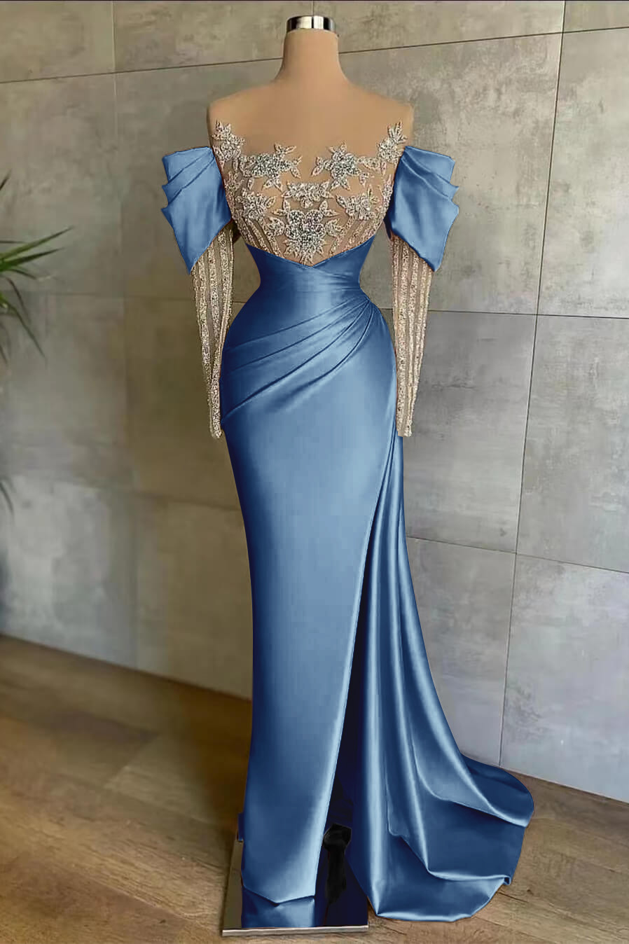 Pink Off-The-Shoulder Long Sleeves Mermaid Formal Dress with Lace Applique