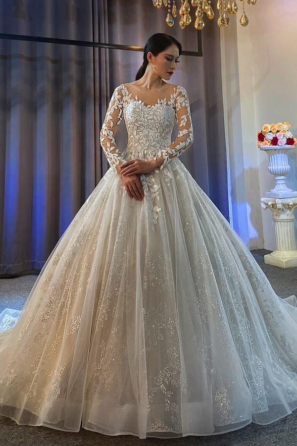 Ball Gown Long Sleeves Sweetheart Tulle Lace Backless Wedding Dress - YESBABYONLINE