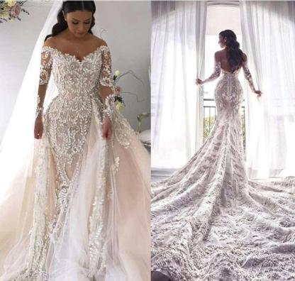 Gorgeous Long Sleeves Sweetheart Lace Tulle Mermaid Wedding Dresses With Detachable Train - YESBABYONLINE