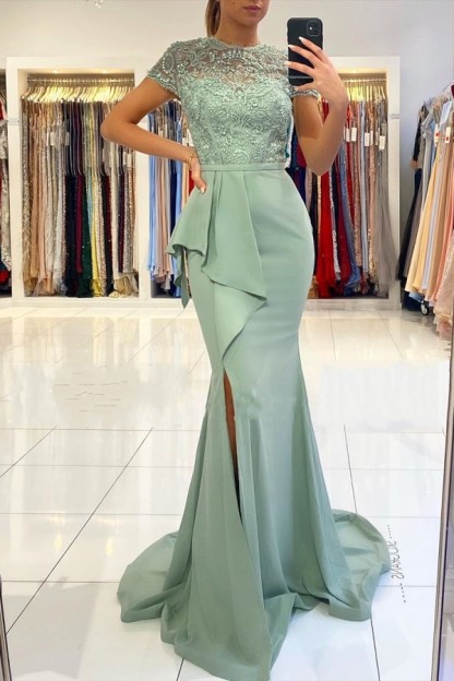 Long Mermaid High Neck Applique Lace Full Back Satin Prom Dresses with Side Slit - YESBABYONLINE