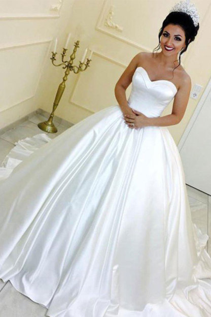 White Long Ball Gown Sweetheart Satin Sleeveless Wedding Dresses - YESBABYONLINE