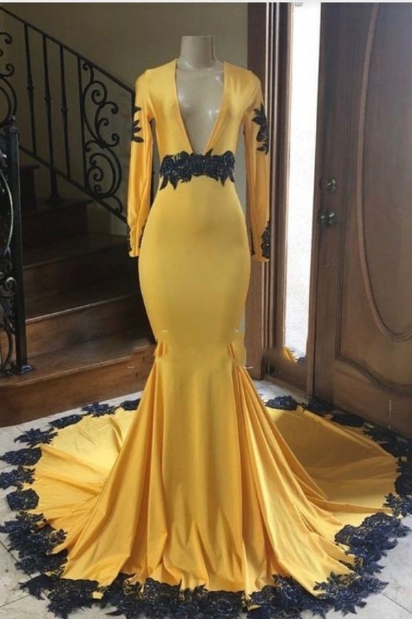 Gorgeous Yellow Long V-neck Satin Lace Mermaid Prom Dresses with Sleev   YESBABYONLINE
