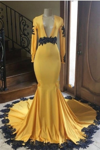 Gorgeous Yellow Long V-neck Satin Lace Mermaid Prom Dresses with Sleeves - YESBABYONLINE