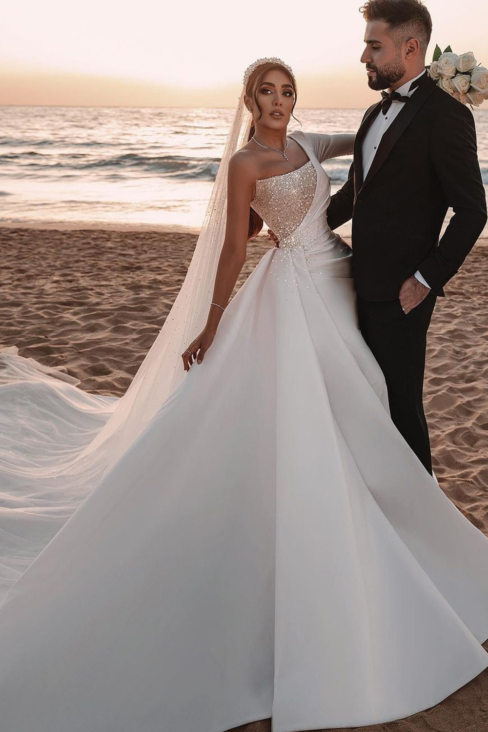 Long Mermiad One Shoulder Ruffle Satin Seqiuns Wedding Dresses with Sleeves - YESBABYONLINE
