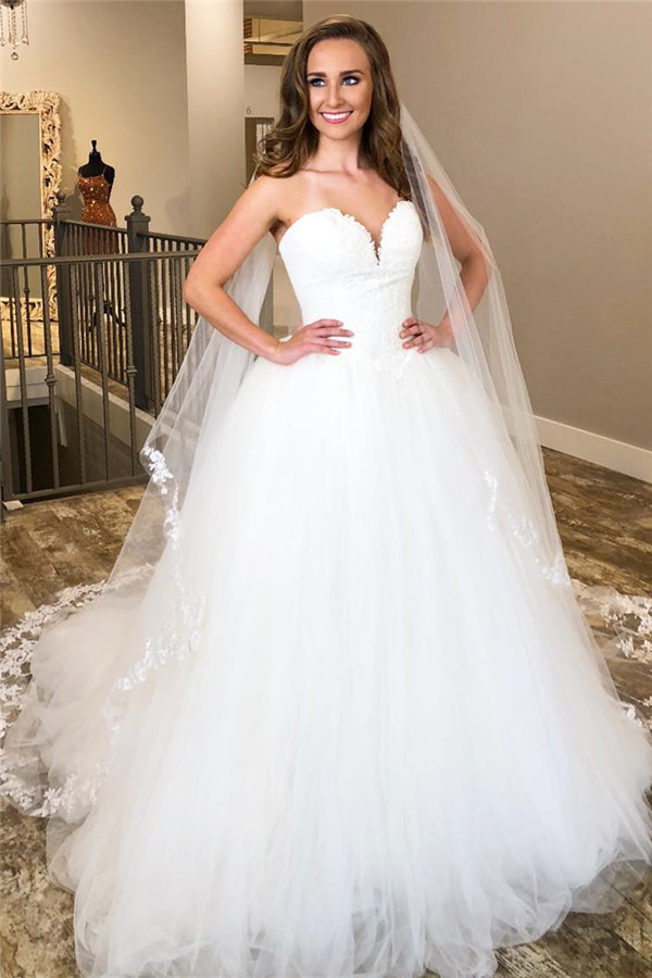 Long Ball Gown Sweetheart Applique Tulle Wedding Dresses - YESBABYONLINE