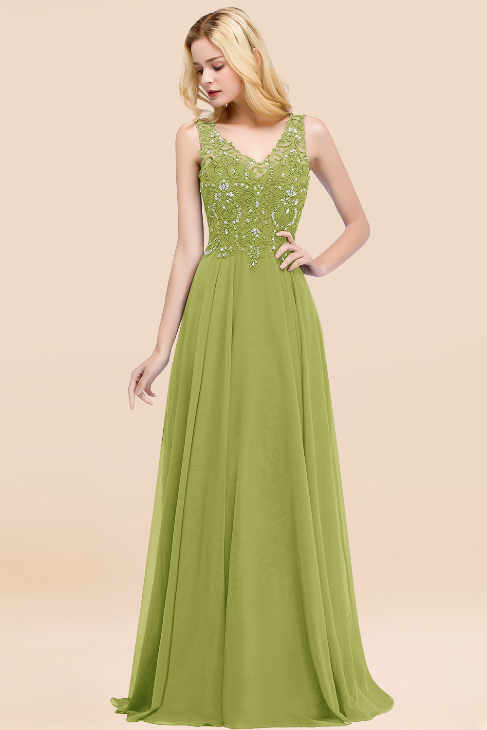 Long A-line Straps V Neck Applique Lace Floor Length Chiffon Bridesmaid Dresses - YESBABYONLINE