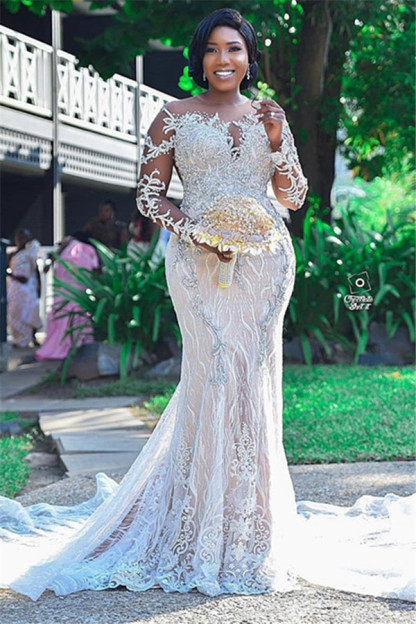 Long Sleeves Mermaid Sweetheart Tulle Lace Open Back Wedding Dresses - YESBABYONLINE