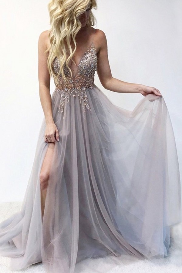 Long A-line Spaghetti Straps V-neck Tulle Backless Prom Dresses with Side Slit - YESBABYONLINE