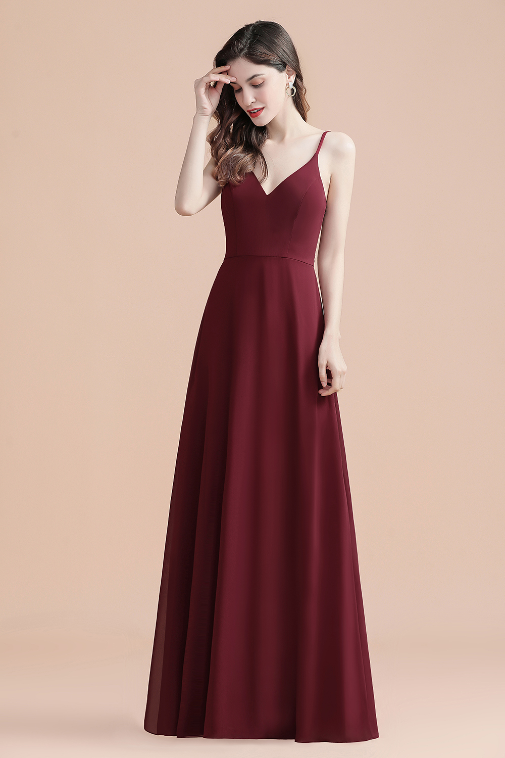 Elegant Long A-line V-Neck Chiffon Backless Bridesmaid Dresses - YESBABYONLINE