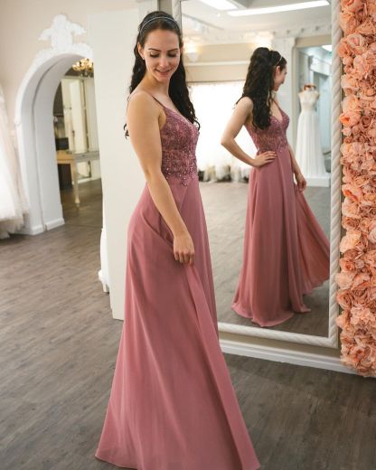 Long A-line V-neck Spaghetti Straps Ruffles Chiffon Prom Dresses With Appliques Lace - YESBABYONLINE