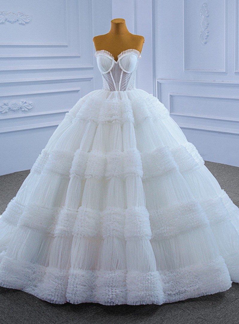 Charming Long Strapless Tulle Floor Length Lace Ball Gown Wedding Dress - YESBABYONLINE