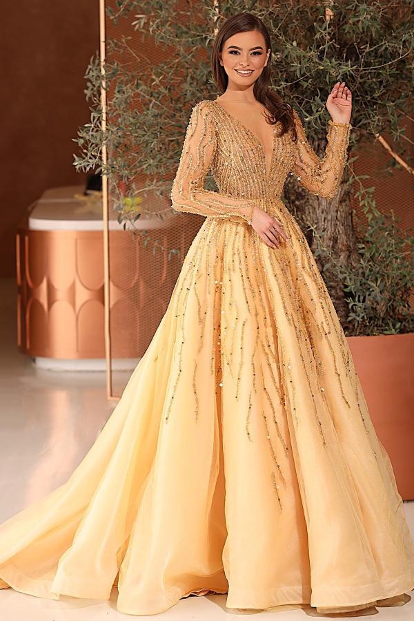 Gorgeous Long A-line V-neck Tulle Prom Dresses With Long Sleeves - YESBABYONLINE
