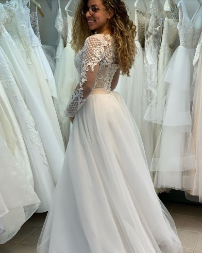 Elegant Long Sleeves Bateau A-line Floor length Tulle Lace Wedding Dresses - YESBABYONLINE