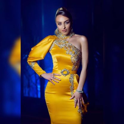 Sexy Yellow Long One Shoulder Satin Mermaid Prom Dress with Sleeves - YESBABYONLINE