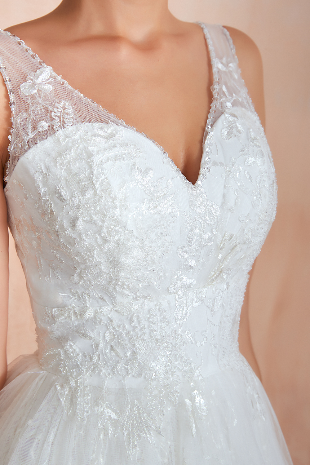Long A-line V-neck Tulle Lace Floor Length Sleeveless Wedding Dresses - YESBABYONLINE