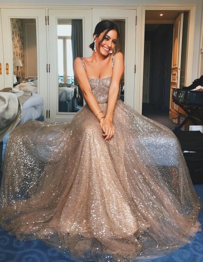 Champagne Long A-Line Sequin Straps Sleeveless Formal Prom Dresses - YESBABYONLINE