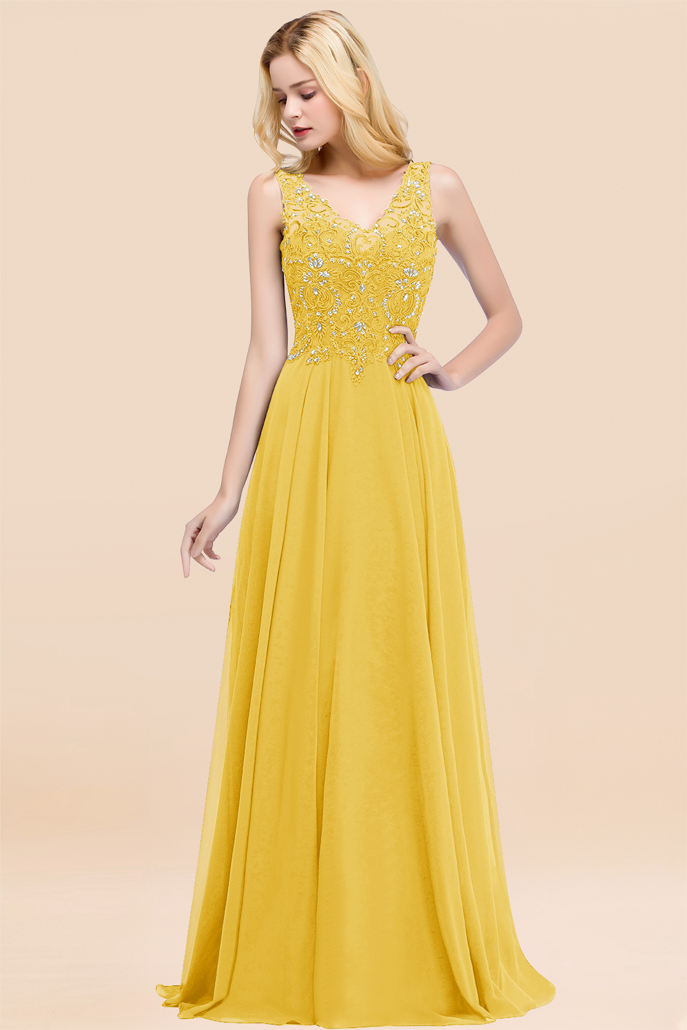 Long A-line Straps V Neck Applique Lace Floor Length Chiffon Bridesmaid Dresses - YESBABYONLINE