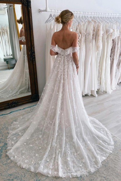 Charming Long Sweetheart A Line Off the Shoulder Tulle Lace Wedding Dress - YESBABYONLINE