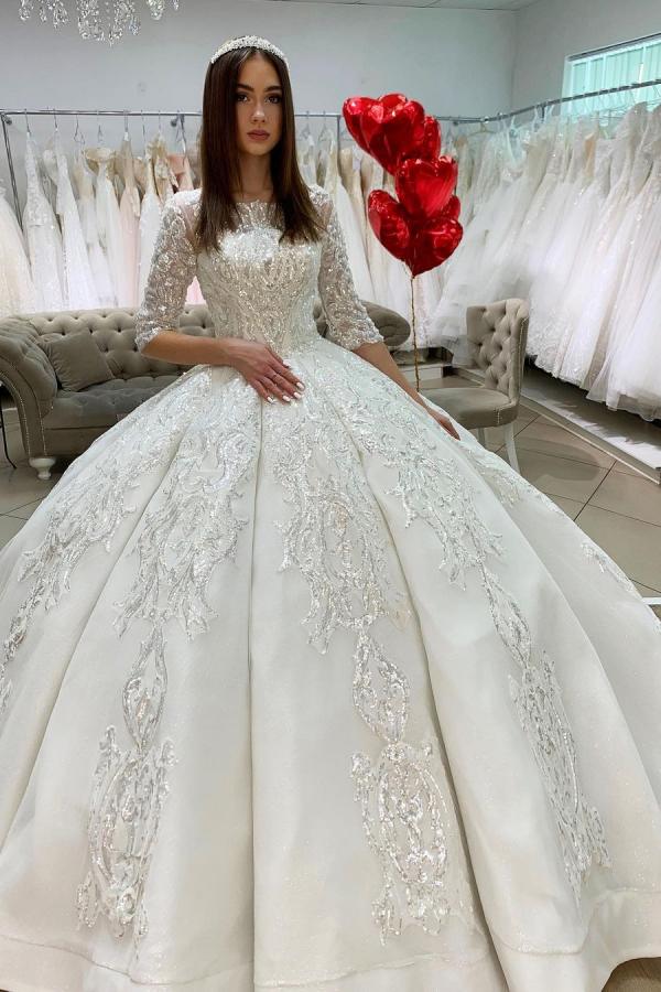 Long Ball Gown Satin Lace Wedding Dresses with Sleeves - YESBABYONLINE