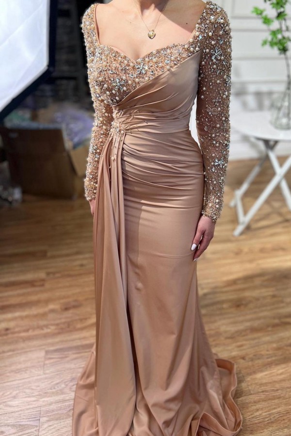 Champagne Long Mermaid Sweetheart Satin Beading Formal Prom Dresses with Sleeves - YESBABYONLINE