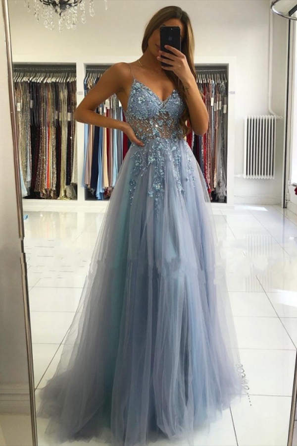 Long Spaghetti Strap Sweetheart Backless Tulle A Line Prom Dresses with Front Slit - YESBABYONLINE