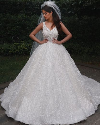 Elegant Long Straps V Neck Backless Tulle Lace Ball Gown Wedding Dresses - YESBABYONLINE